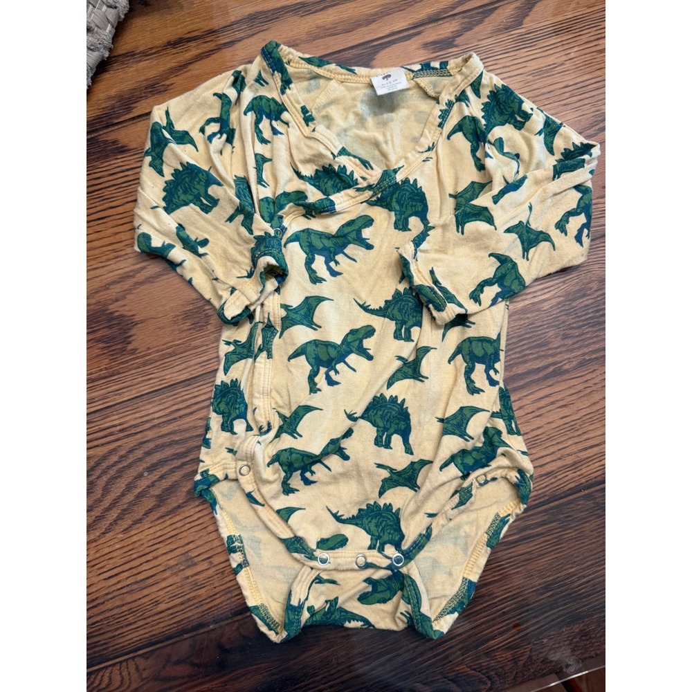 Kate Quinn Bodysuit Baby 6-12M‎ Yellow Green Dinosaur Bamboo Kimono Long Sleeve